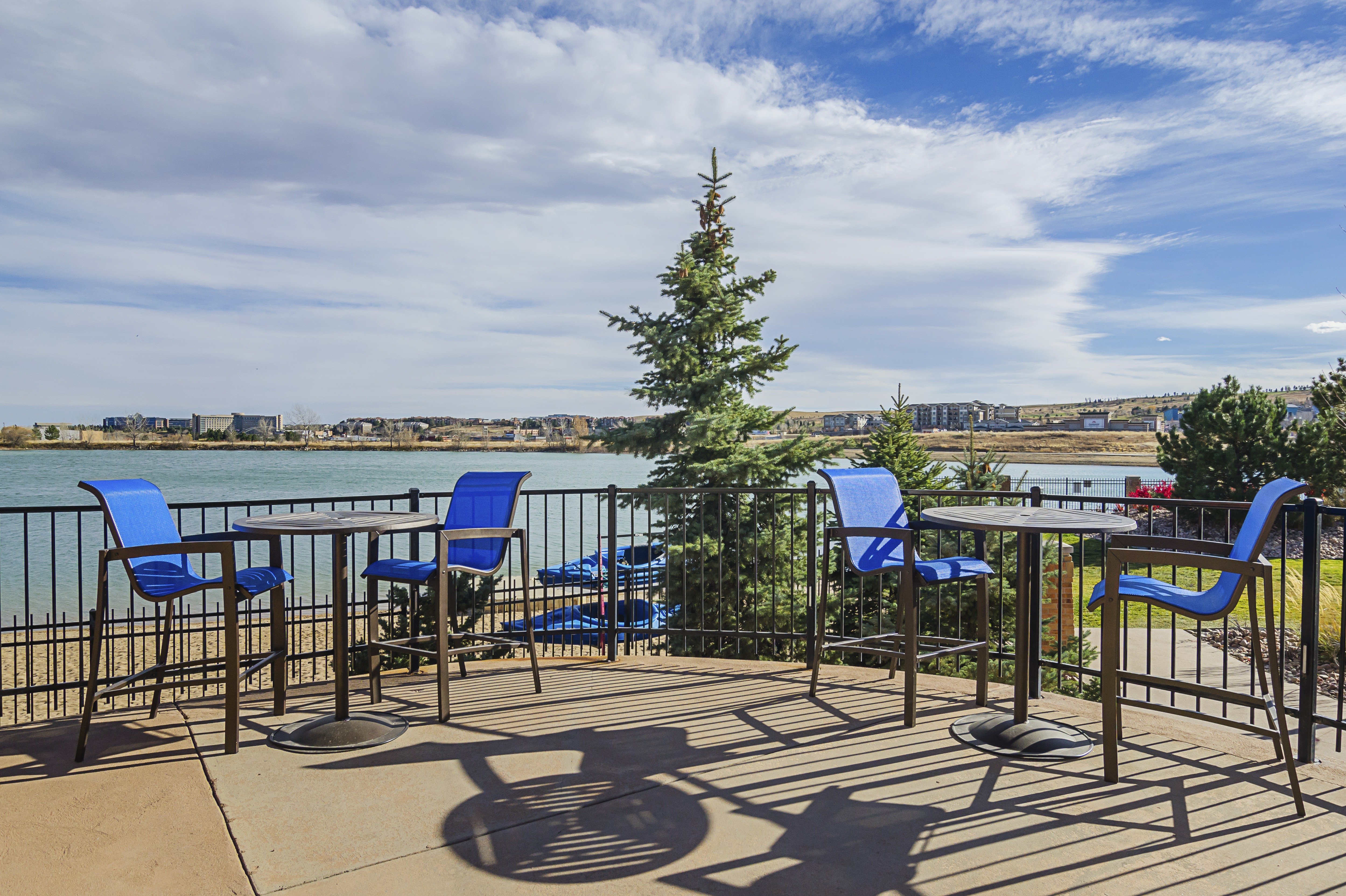 Four blue chairs overlooking a pond.
